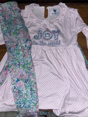 Blue Paper Boat Pink Polka Dot 'Joy to the World' Dress with Floral Leggings